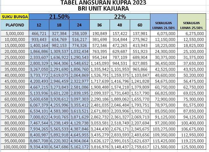 500 Juta Tabel Angsuran BRI Non KUR 2025