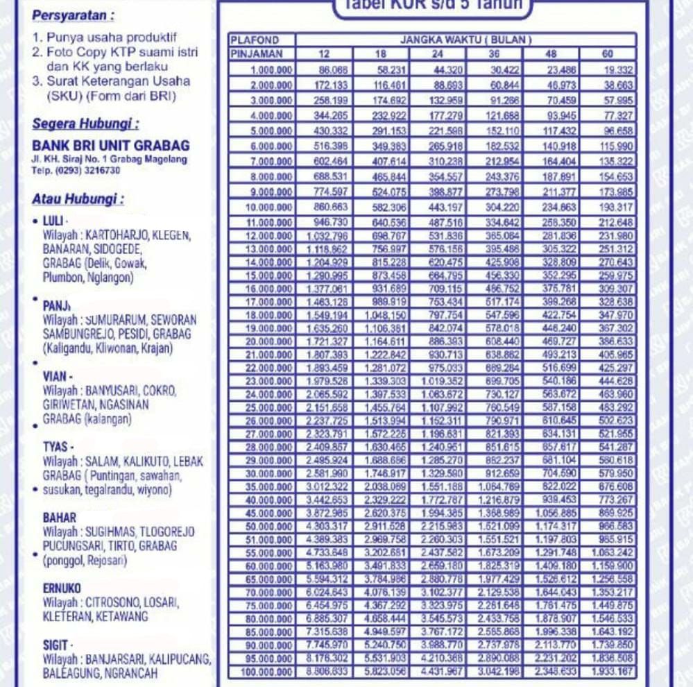 Tabel Pinjaman BRI 2025 Non KUR 200 Juta