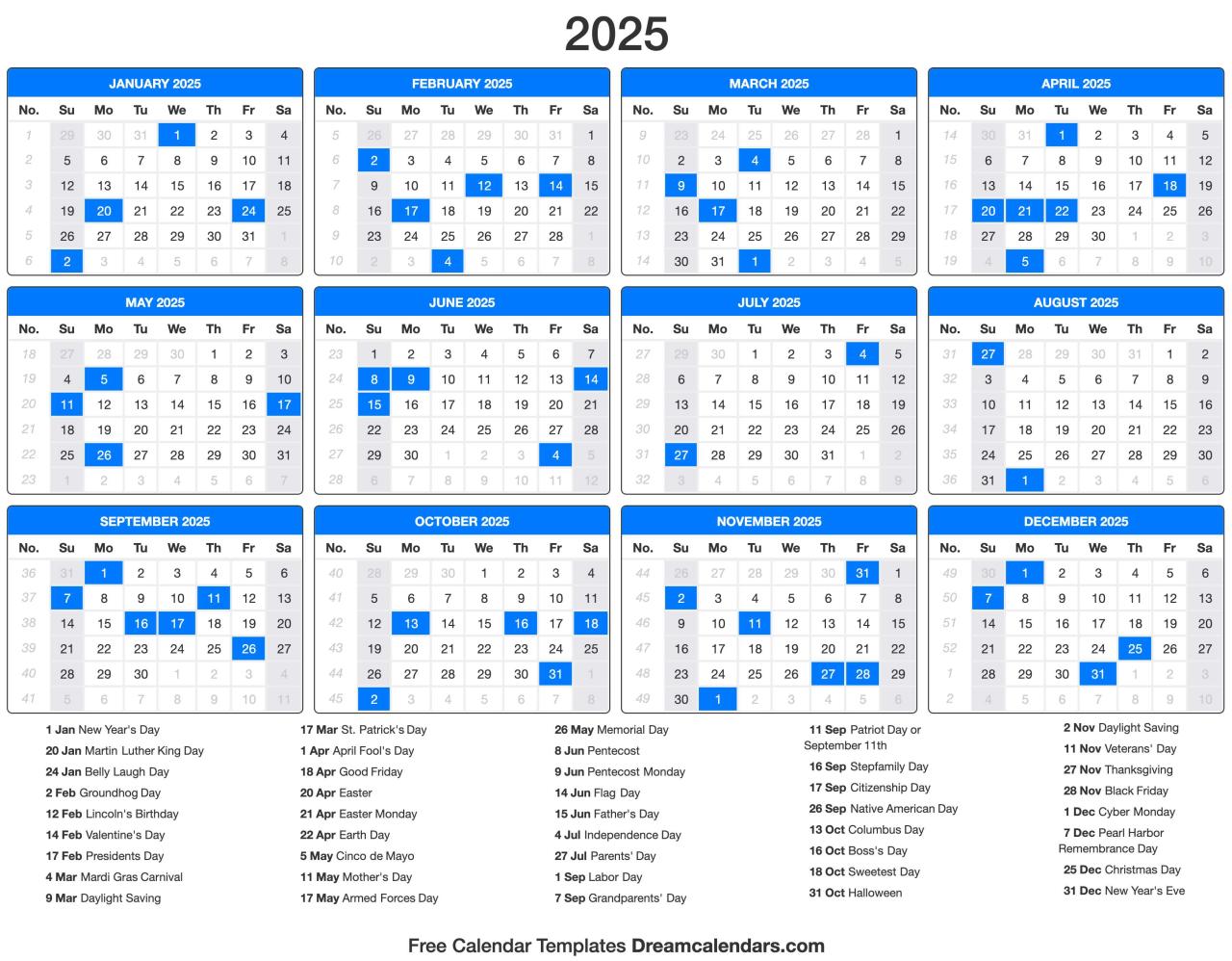 Calendar 2025 holidays 2059 2070 2098 2087 2081 printable yearly dreamcalendars