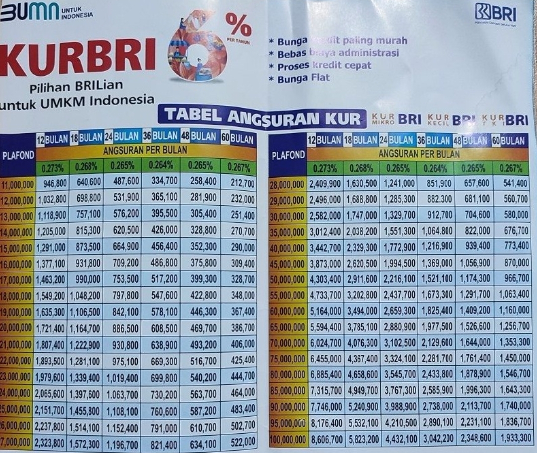 Tabel Angsuran KUR BRI 2025 Plafon 500 Juta