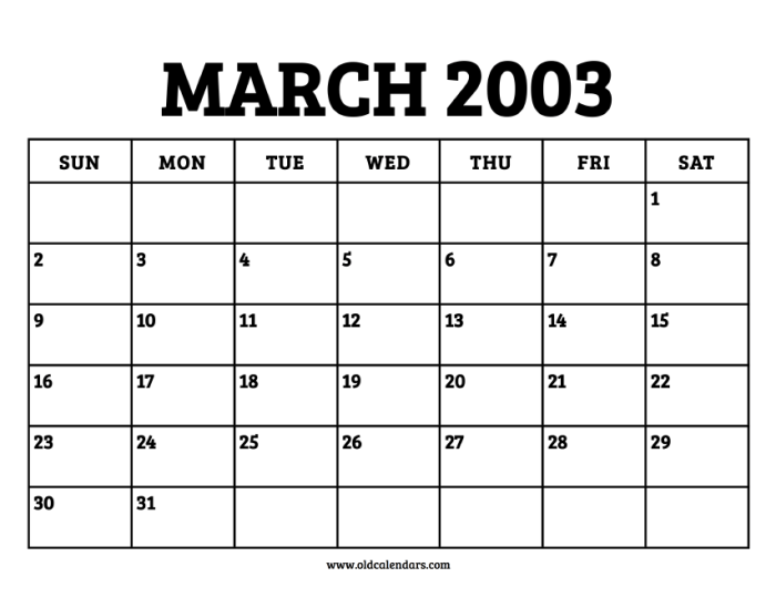 Calendar 2003 march printable bottom cal Kalender Jawa 2003 Maret