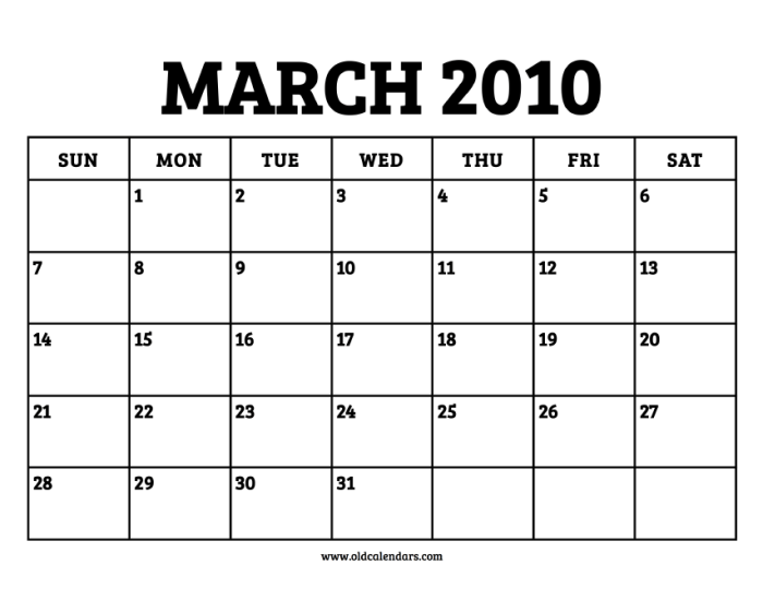 March 2010 calendar calendars 10 Maret 2010 Hari Apa