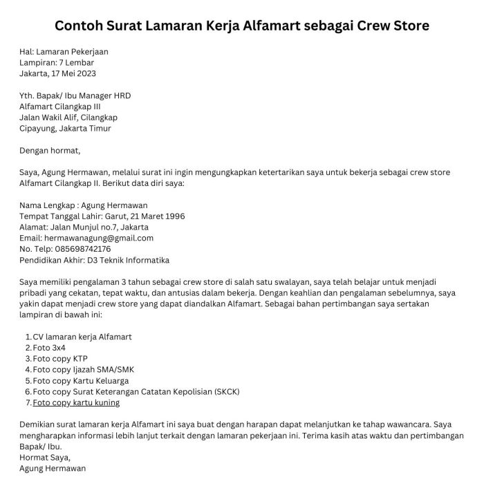 Contoh Surat Lamaran Kerja Alfamart 2025