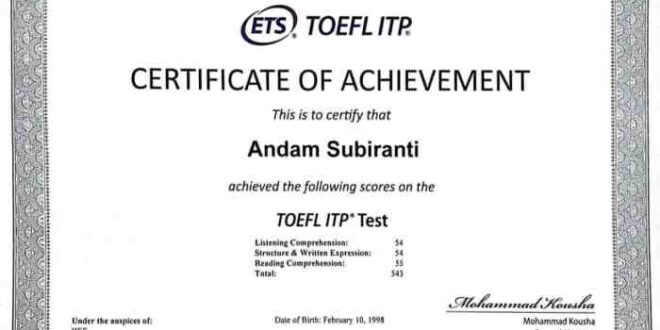 Contoh Sertifikat Toefl