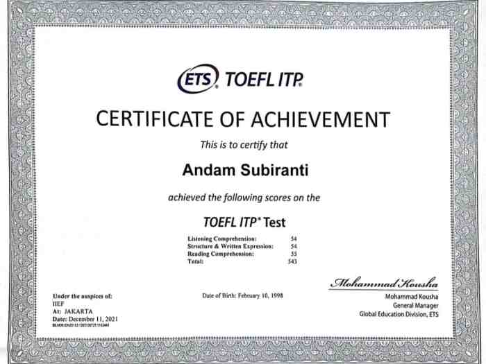 Contoh Sertifikat Toefl