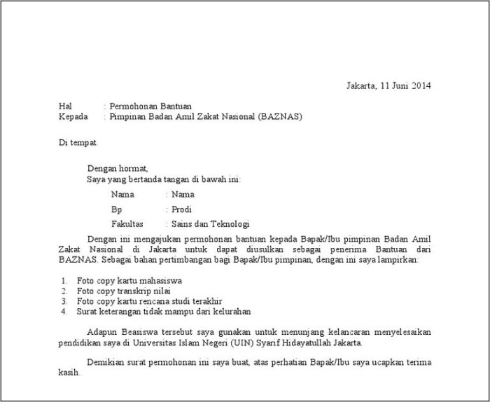Contoh Surat Permohonan Modal Usaha Baznas